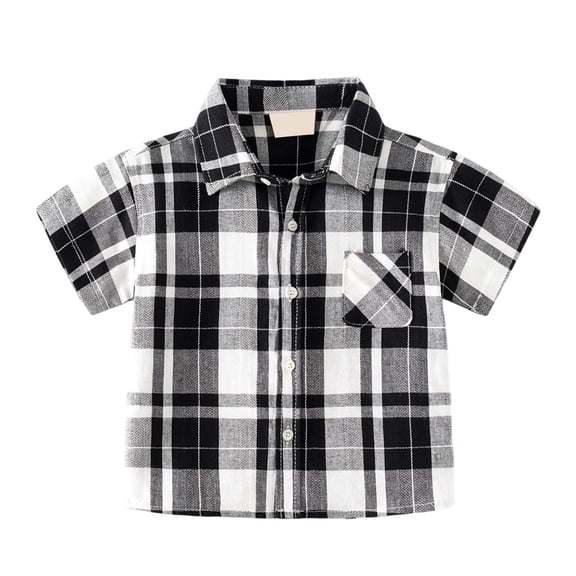 lnmuld Toddler Boys Brown Navy Plaid Short Sleeve Button Down Shirt with Chest Pocket for Kids Size:12-24 Months