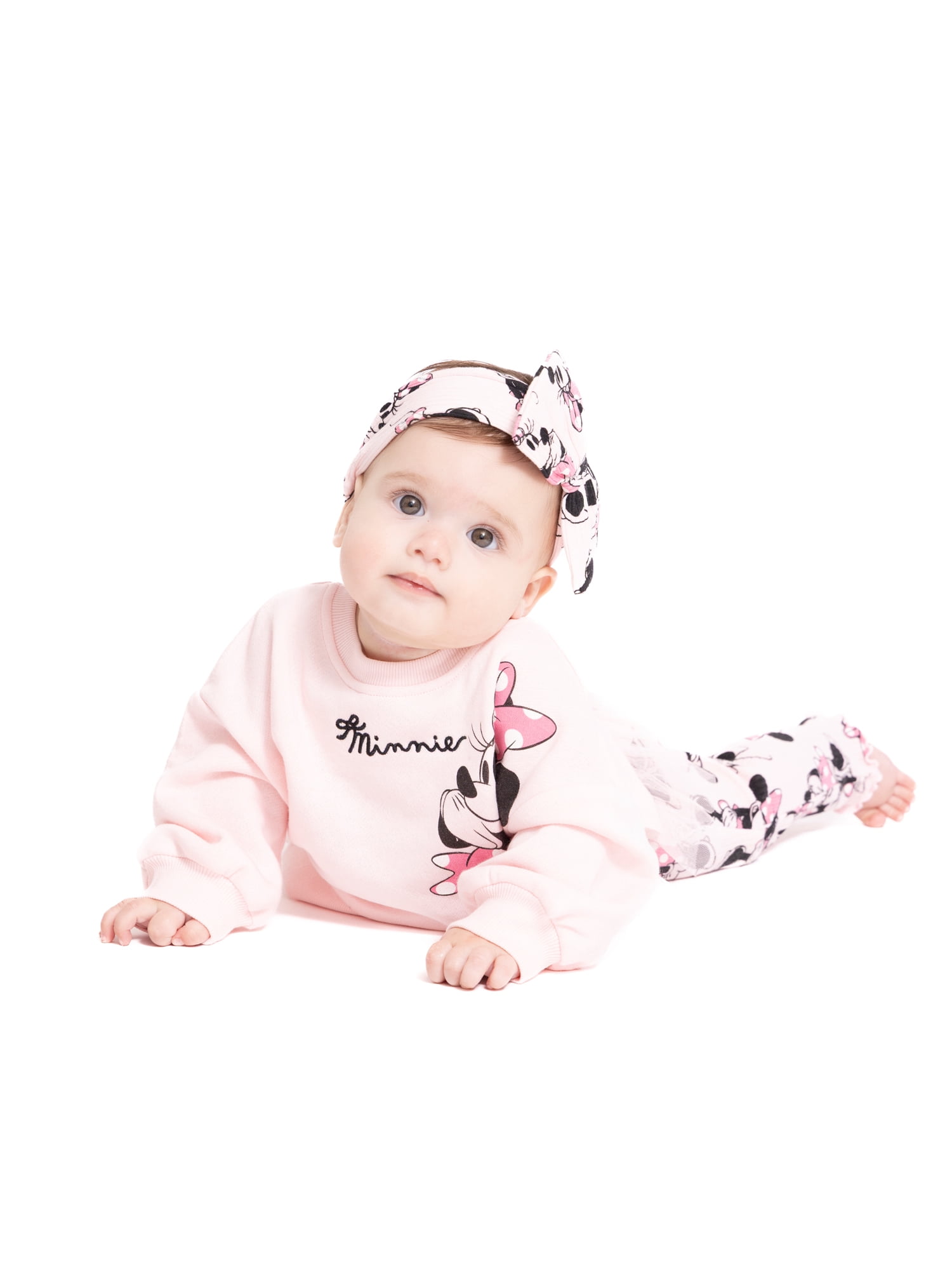 Disney Minnie Mouse Baby Girls Graphic Tulle Sweatshirt and Printed Leggings with Bow Headband Set, 3-Piece, Sizes 0/3M-24M