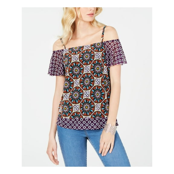 INC Womens Purple Cold Shoulder Floral Short Sleeve Scoop Neck Top Size: M