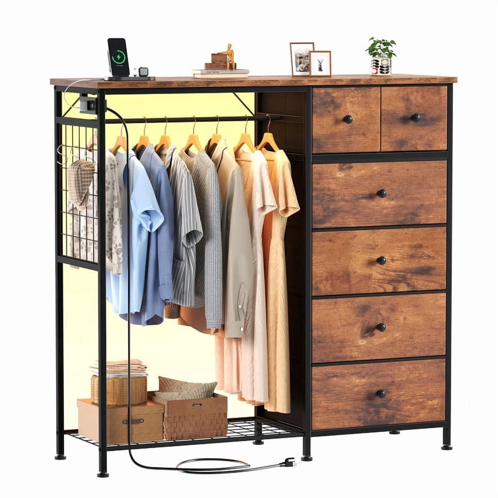 Kelno 6 Drawer Dresser with Hanging Rack LED Lights Charging Station Fabric Closet Organizer Storage Tower, Rustic Brown