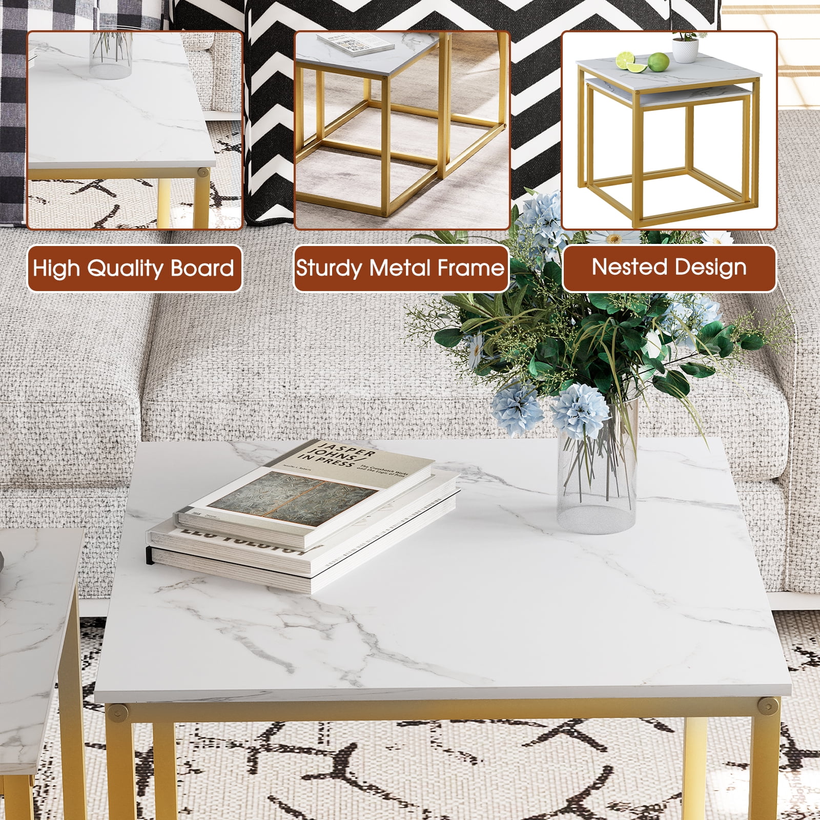 Coffee Table Set of 2, Modern Gold Wooden Side Table, Metal Frame Square End Table, Center Tables,Nesting Coffee Table for Living Room,Bedroom and Small Spaces