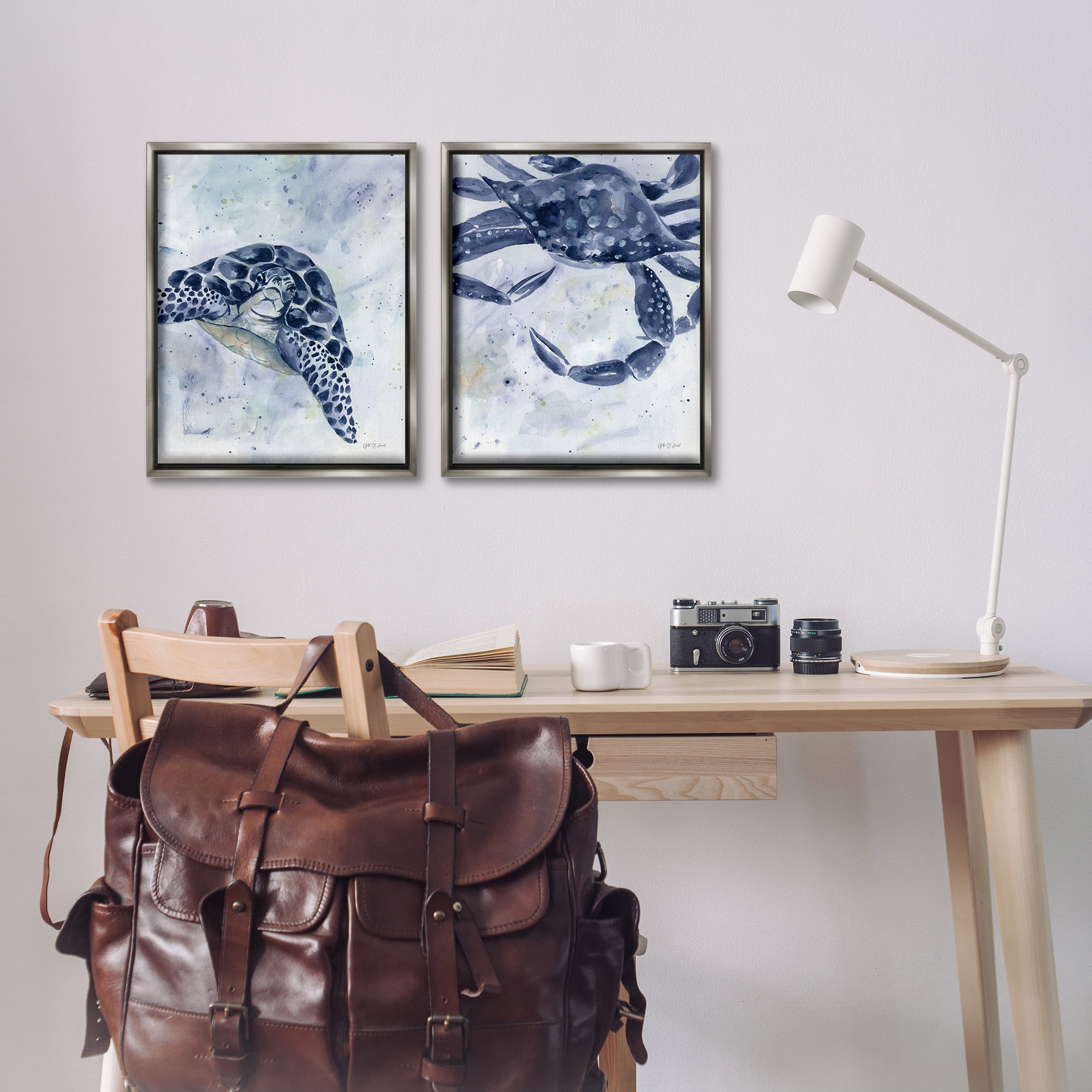 Stupell Industries Sea Creatures Turtle & Crab Nautical & Beach Painting Gray Floater Framed Canvas Art Print Wall Art, 17 x 21, Set of 2
