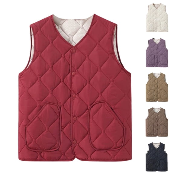 Dazajoo Plus Size Women's Puffer Vest Sleeveless Snap Button Outerwear Winter Warm Lightweight Quilted Down Jackets with Pockets,Brown,L