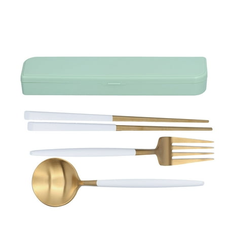 

3Pcs/Set Portable Travel Utensils Stainless Steel Spoon Fork Chopsticks Set for SchoolWhite Gold(Green Storage Box)