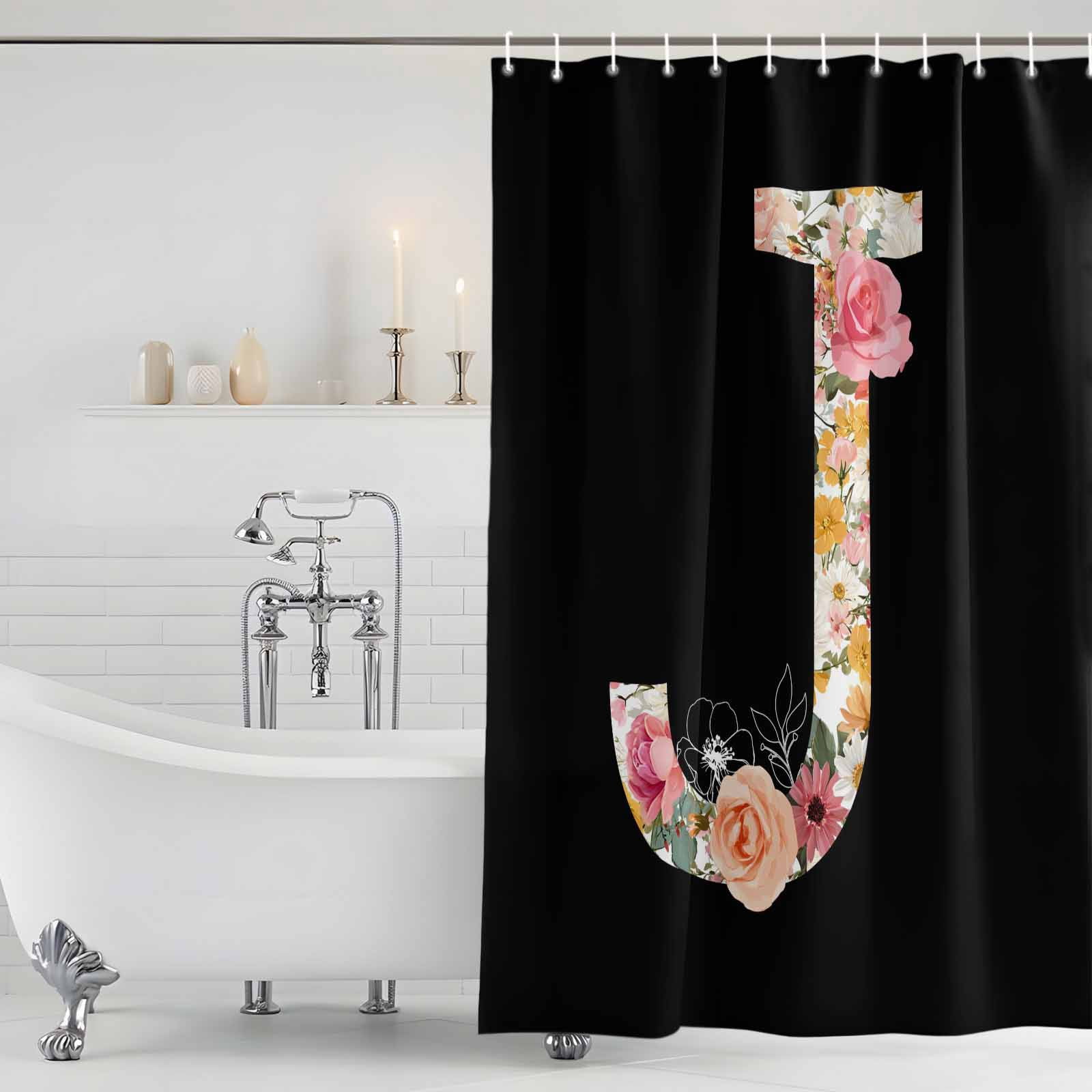 Black Letter J Flower Bathroom Shower Curtains with Hooks, Watercolor Alphabet J Pink Beige Floral Leaf Waterproof Fabric Washable Shower Curtain for Home Hotel Bathtub Decor 72x72 Inch
