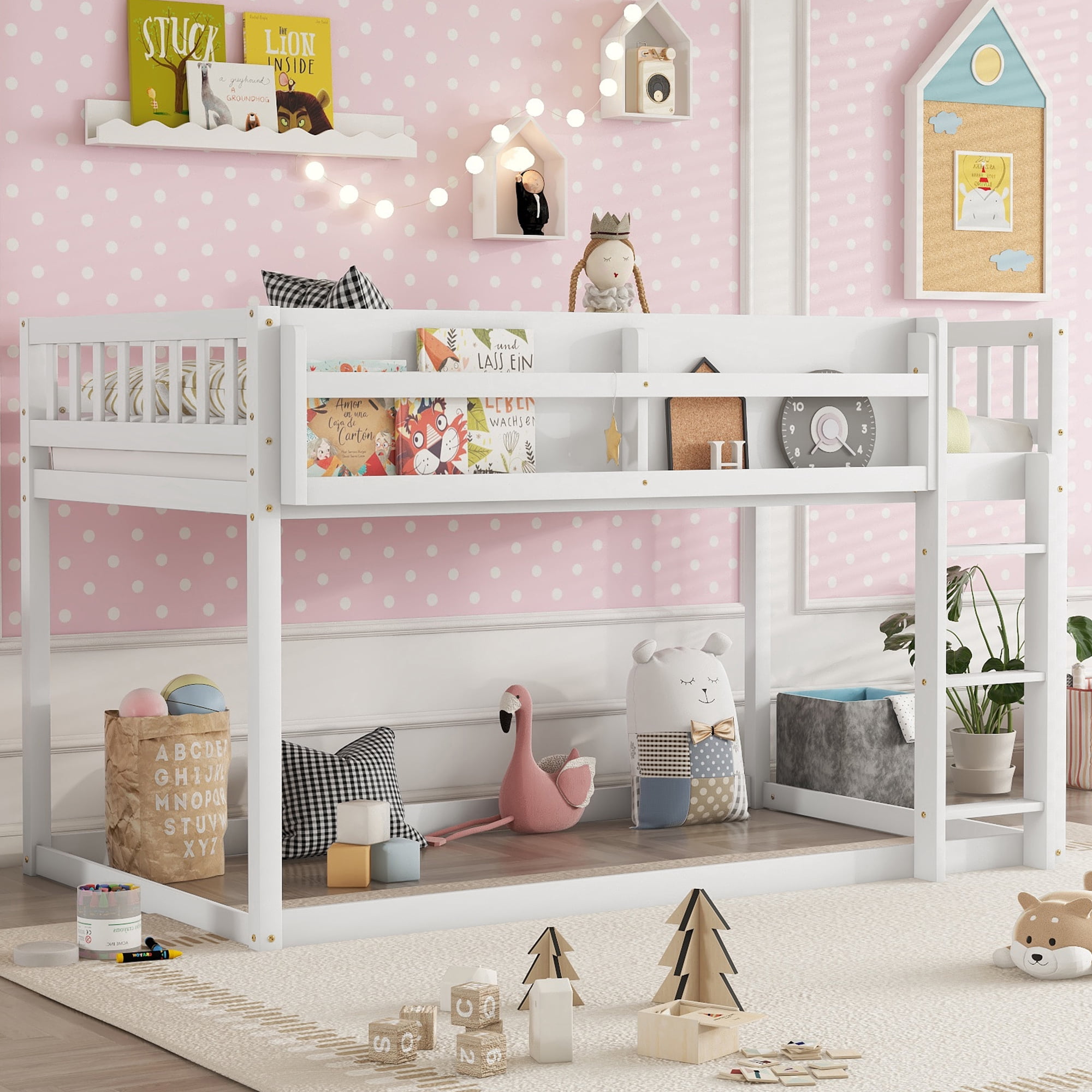 HOQBN Bunk Bed Twin Over Twin,Solid Wood Low Floor Bunk Bed with Ladder,White