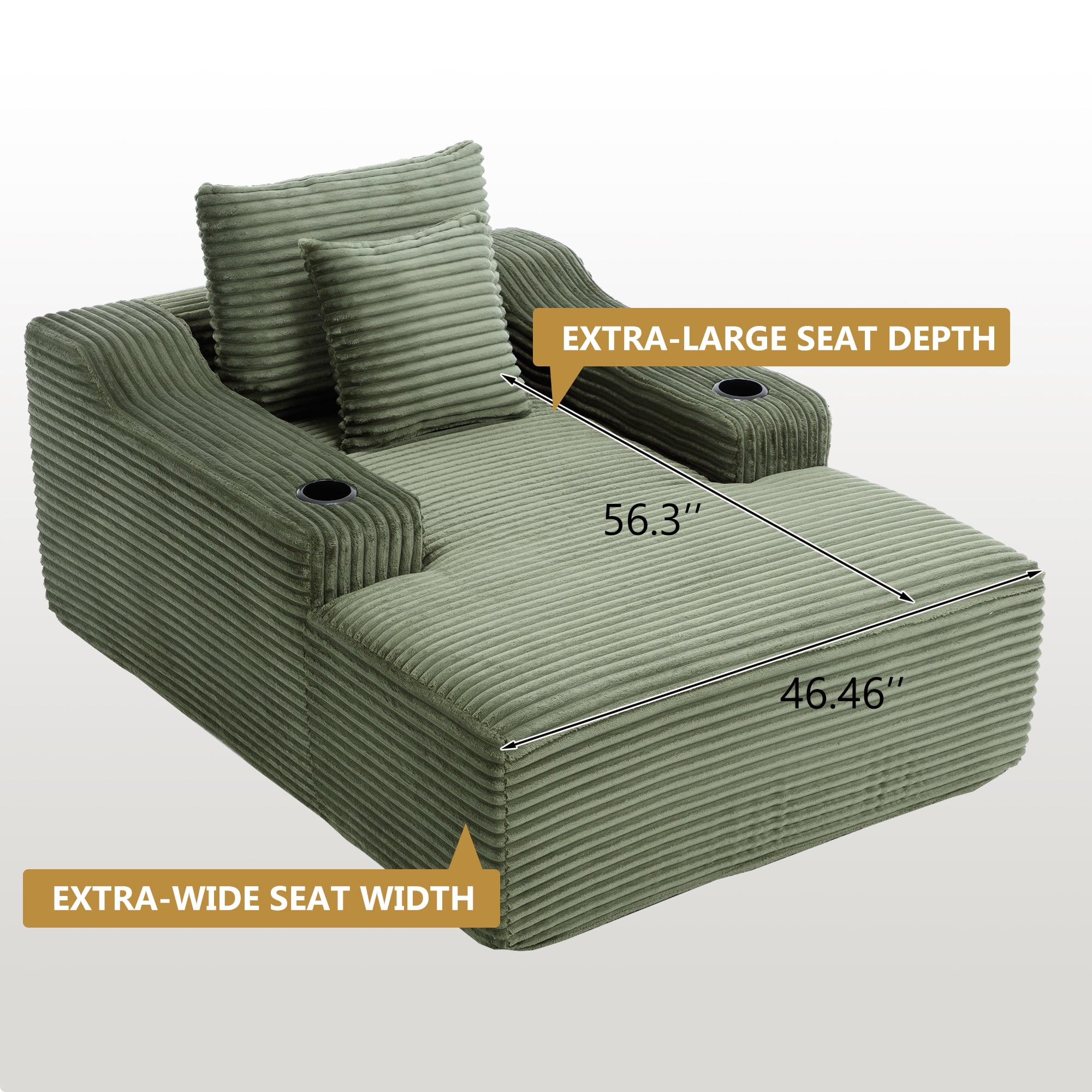 Leumius 67" Oversized Chaise Lounge Chair Indoor,Soft Boneless Cloud Couch with 2 Pillowsand 2 Cup Holders, Comfy Corduroy Sleeper Couch for Living Room Bedroom,No Assembly Required,Green
