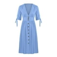 thumbnail image 4 of Fesfesfes Spring Dresses for Women V-neck Solid Color Short Sleeve Boho Dress Loose Long Cardigan Buttoned Beach Dress, 4 of 9