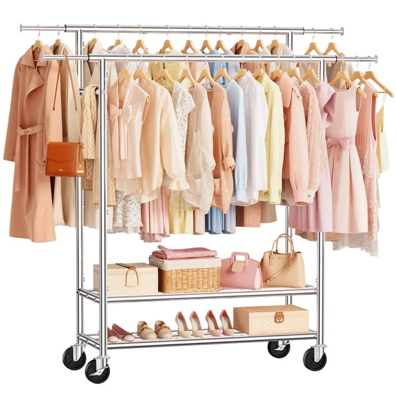 WLRETMCI Rolling Clothes Rack with Wheels, Heavy Duty Garment Rack Adjustable Double Rod Clothing Rack for Hanging Clothes,Portable Closet,Silver