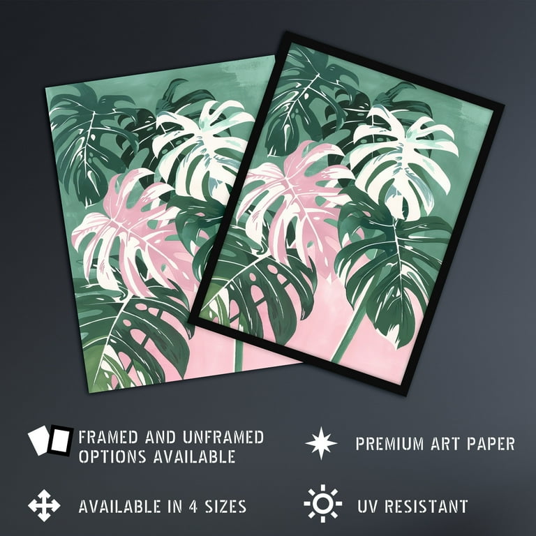 Artery8 Plant Lover Monstera Leaves Green Pink Botanical Living Room Large Wall Art Poster Print Thick Paper 18X24 Inch