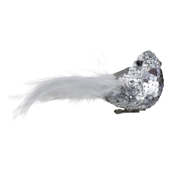 Northlight Sequin Right Facing Bird Clip On Christmas Ornament - 6" - White and Silver
