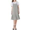 thumbnail image 2 of Striped Button Strap Overall Jumper Pinafore Peplum Hem Midi Dress, Grey, Small, 2 of 3
