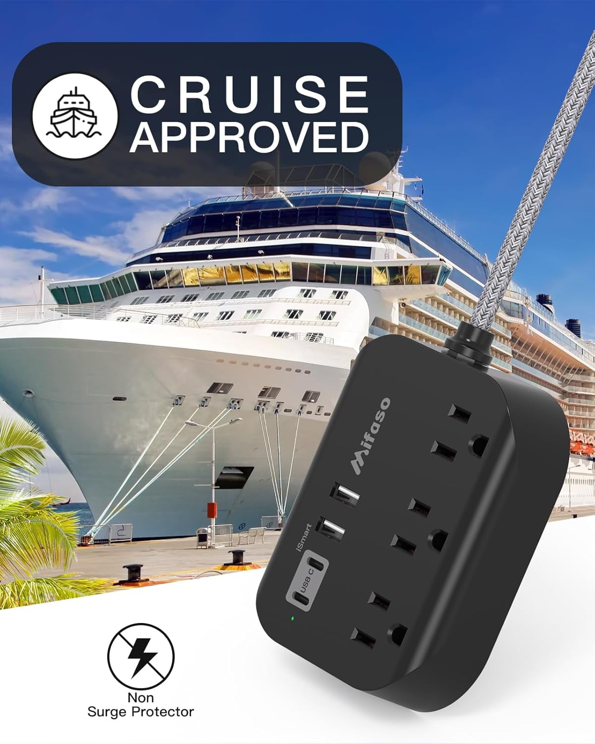 RGHJAR-Travel Essentials - Power Strip with USB, Compact Flat Plug Extension Cord 5ft with 3 Outlets 4 USB Ports, Non Surge Cruise Must Haves, Cruise Ship Essentials, Dorm Room, Apartment Essentials
