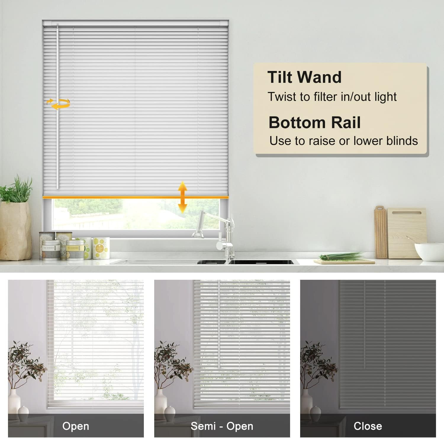 LazBlinds Cordless No Tools-No Drill 1" Vinyl Horizontal Mini Blinds, Light Filtering Blinds for Windows, Blinds & Shades for Window, 36" W x 64" H, White
