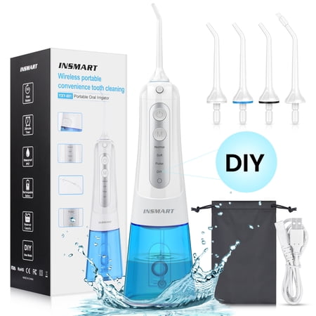 Cordless Water Flosser Dental Teeth Cleaner INSMART Professional 300ML Tank DIY Mode USB Rechargeable Dental Oral Irrigator for Home and Travel IPX7 Waterproof 4 Modes Irrigate for Oral Care