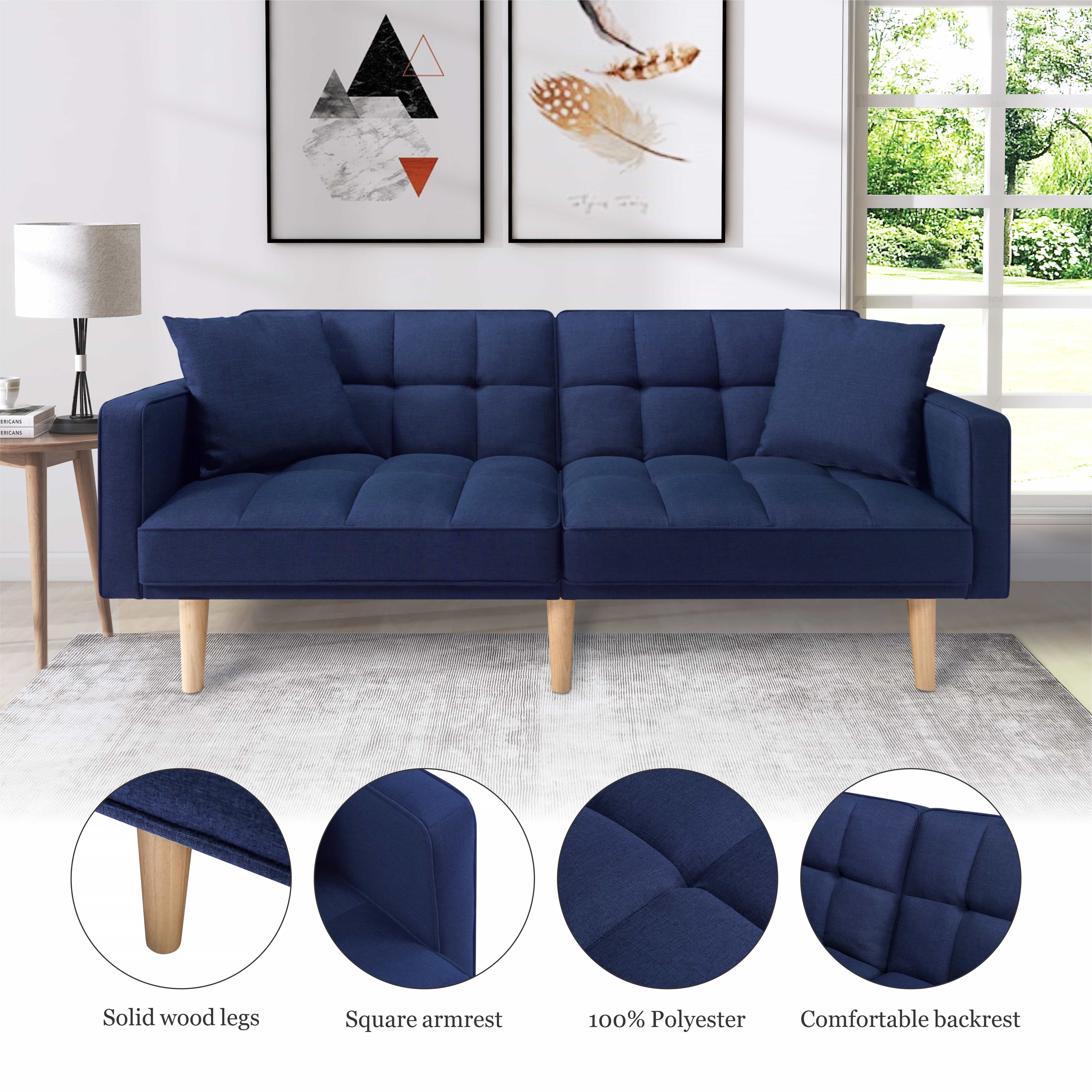 BSHTI 71.5 inch Modern Adult Futon Sofa Bed,Adult Sleeping Chouch with 2 Pillows for Livingroom,Navy Blue
