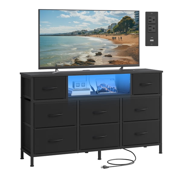 SONGMICS BELLAH Collection - Dresser for Bedroom with Outlets and LED Lights, TV Stand for TVs Up to 55 Inches, 8 Drawers, Ink Black