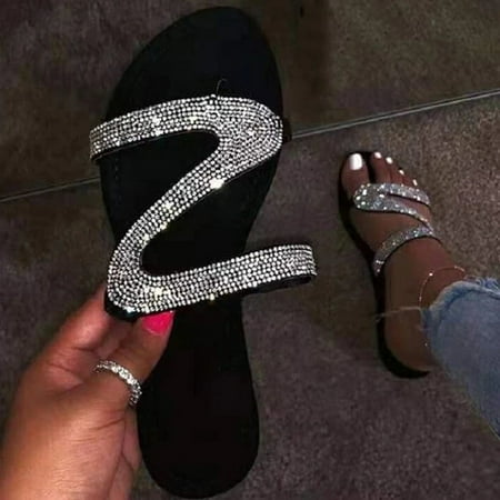 

Egmy Women s Casual Solid Crystal Roman Plus-Size Flat Slippers Sandals Shoes