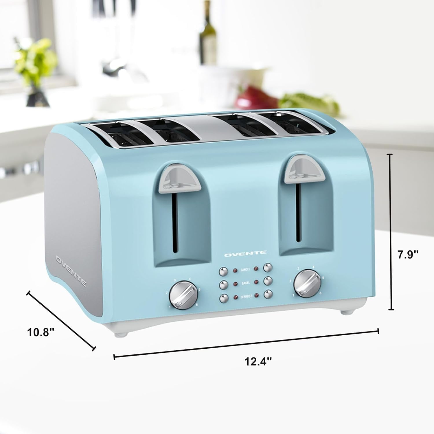 OVENTE Electric 4-Slice Toaster Machine with 6-Shade Selector Setting, Cancel Button, Defrost Function, Crumb Tray, 1400W Power and Wide Slots for Bagels, Waffles and Puff Pastry Light Blue TS4410LBL