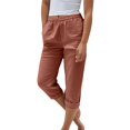 thumbnail image 5 of Women's Solid Color Cotton Linen Capri Pants, Elastic High Waist Wide Leg Rolled Hem Capris for Women, Loose Summer Casual Capri Pants with Side and Back Pockets Brown S, 5 of 5