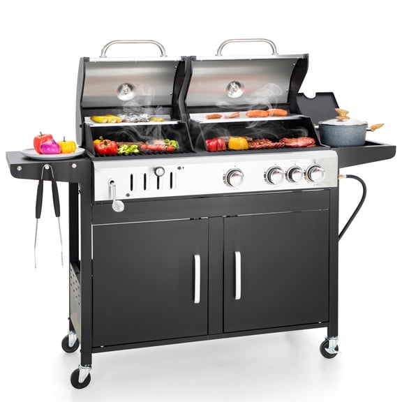 Summit Living Gas and Charcoal Grill Combo Dual Fuel 3-burner 37,000 BUT BBQ Grill with Side Burner