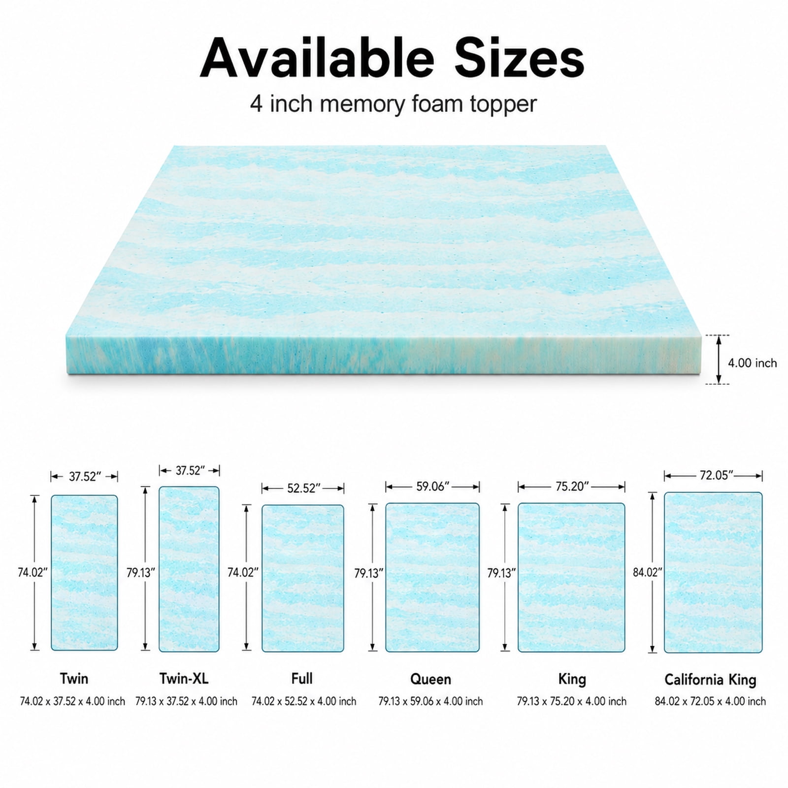 Alvantor 4" Cooling Gel Memory Foam Mattress Topper, Ventilation Holes, Pressure Relief & Breathable Comfort Bed Topper