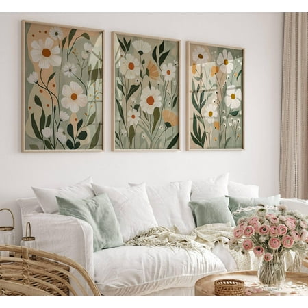 UNFFRAMED Abstract Boho Botanical Poster Set, Floral Art, Wavy Botanical Wall Decor, Bohemian Wall Art Sage Green Poster Set 3 Prints 12x18