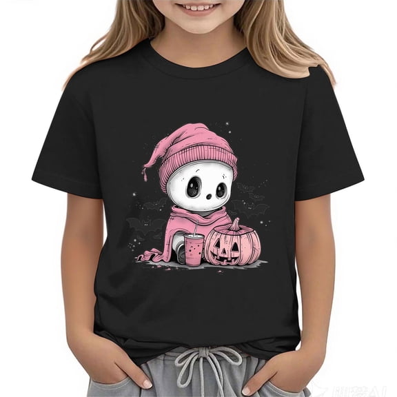 Xdegoge Girls Cute Skeleton Pumpkin Shirts Short Sleeve Coffee Lover Graphic Tees Fall Casual Halloween Tops Youth Funny Holiday Party T-Shirts Festive Clothing