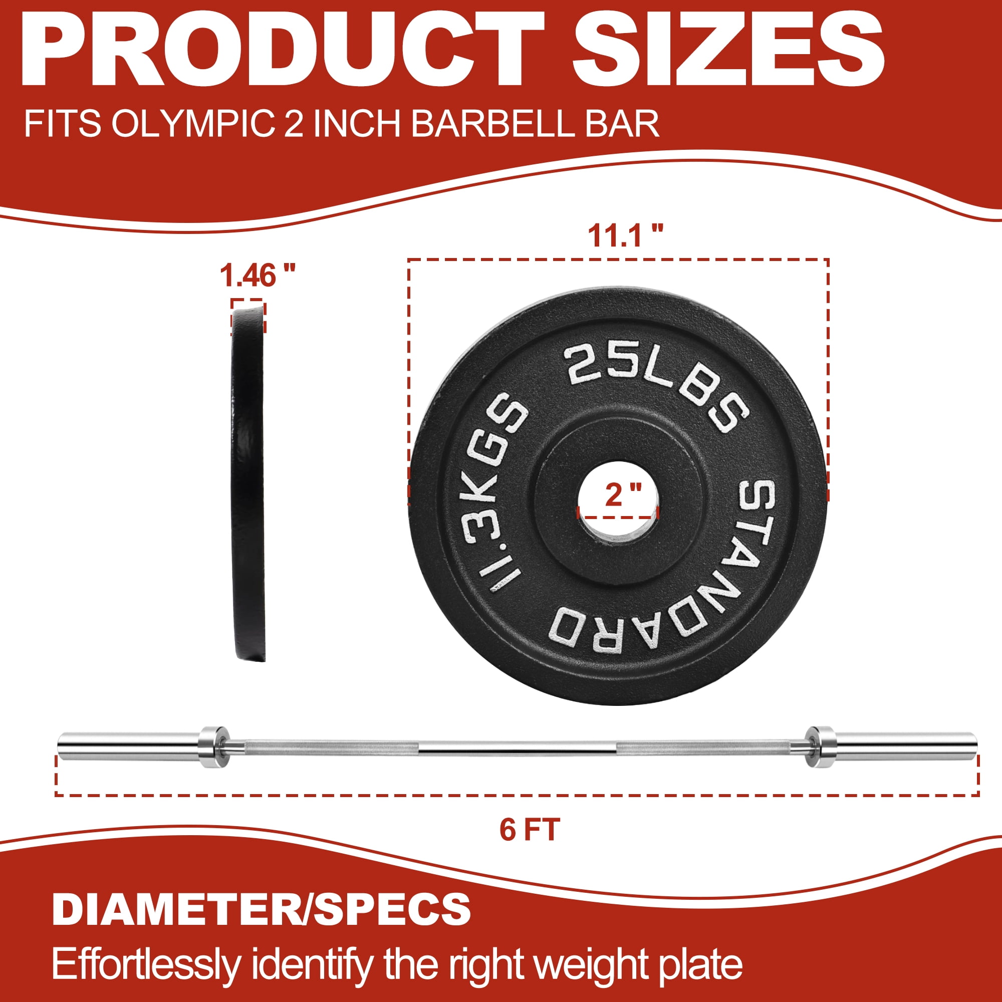 FlexWave Cast Iron Barbell Plates, 2-Inch Hole, Black with Silver Numbers, 50LB Set, for Standard Barbells, Dumbbells & Home Gym Strength Training