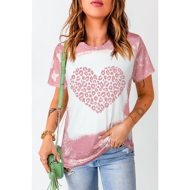 ABPHQTO Camiseta de manga corta con estampado blanqueado en forma de corazón de leopardo rosa para mujer