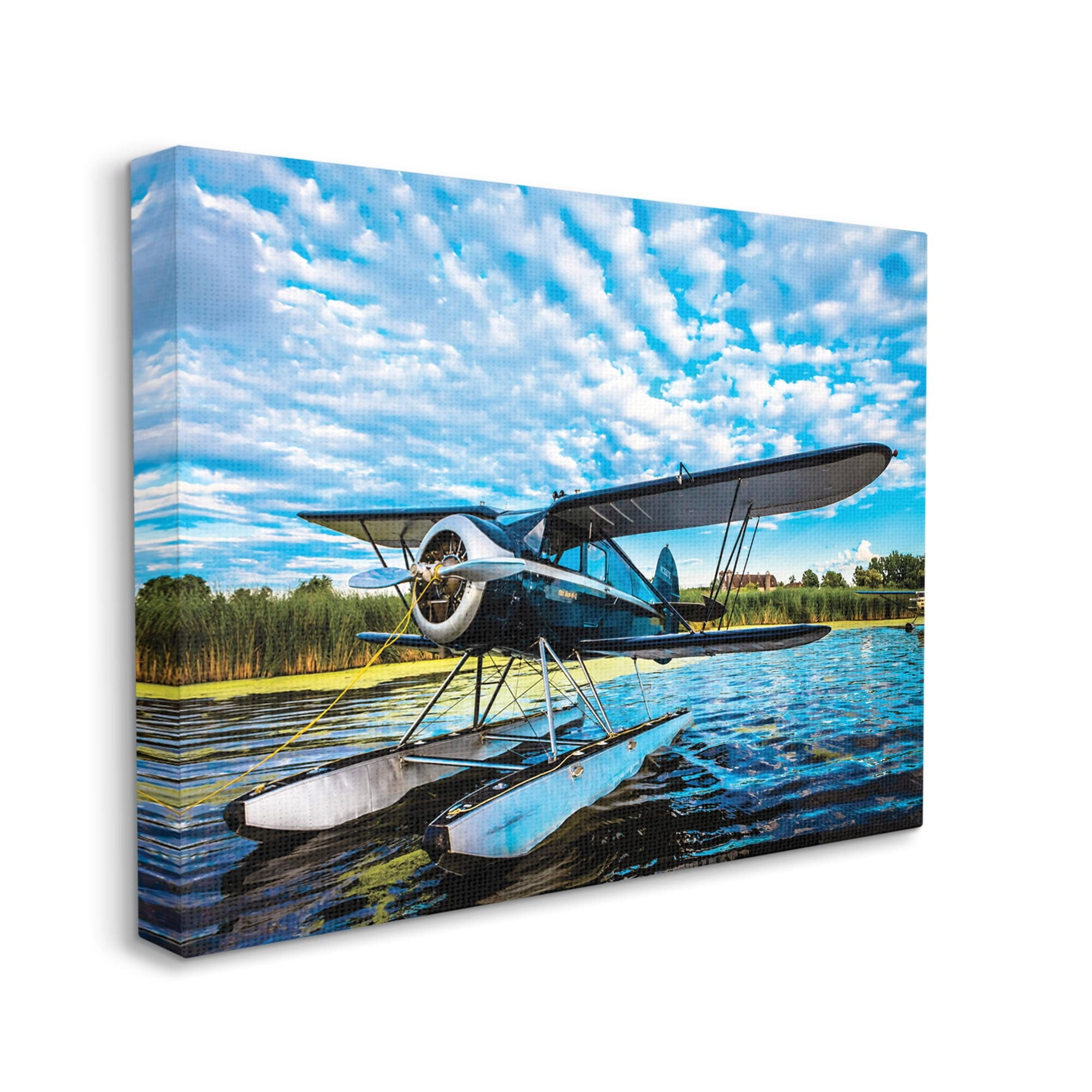 Sea Plane on Wooded Lakefront Cloudy Sky 20 in x 16 in Painting Canvas Art Print, by Stupell Home Décor