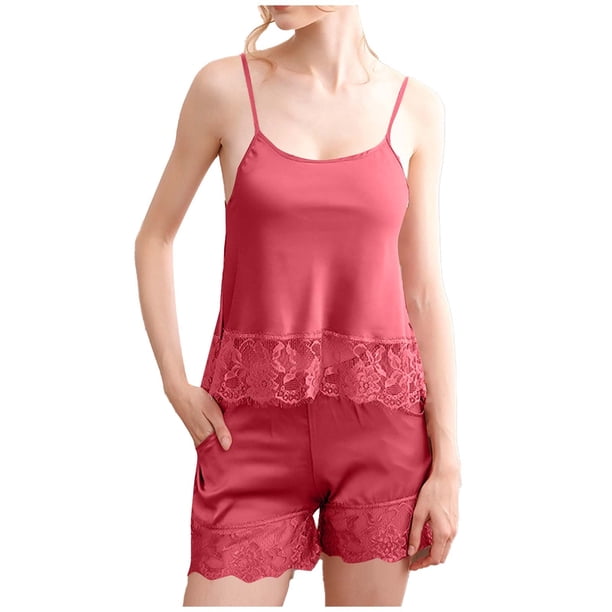 Mujeres Seda Pijamas Conjunto Pantalones Cortos Suspendente Casual V-Cuello Camisola Superior, Hielo Seda Encaje Recorte de Dos Piezas de Ropa de Dormir, Pijama Suave Conjunto para las Mujeres con Su