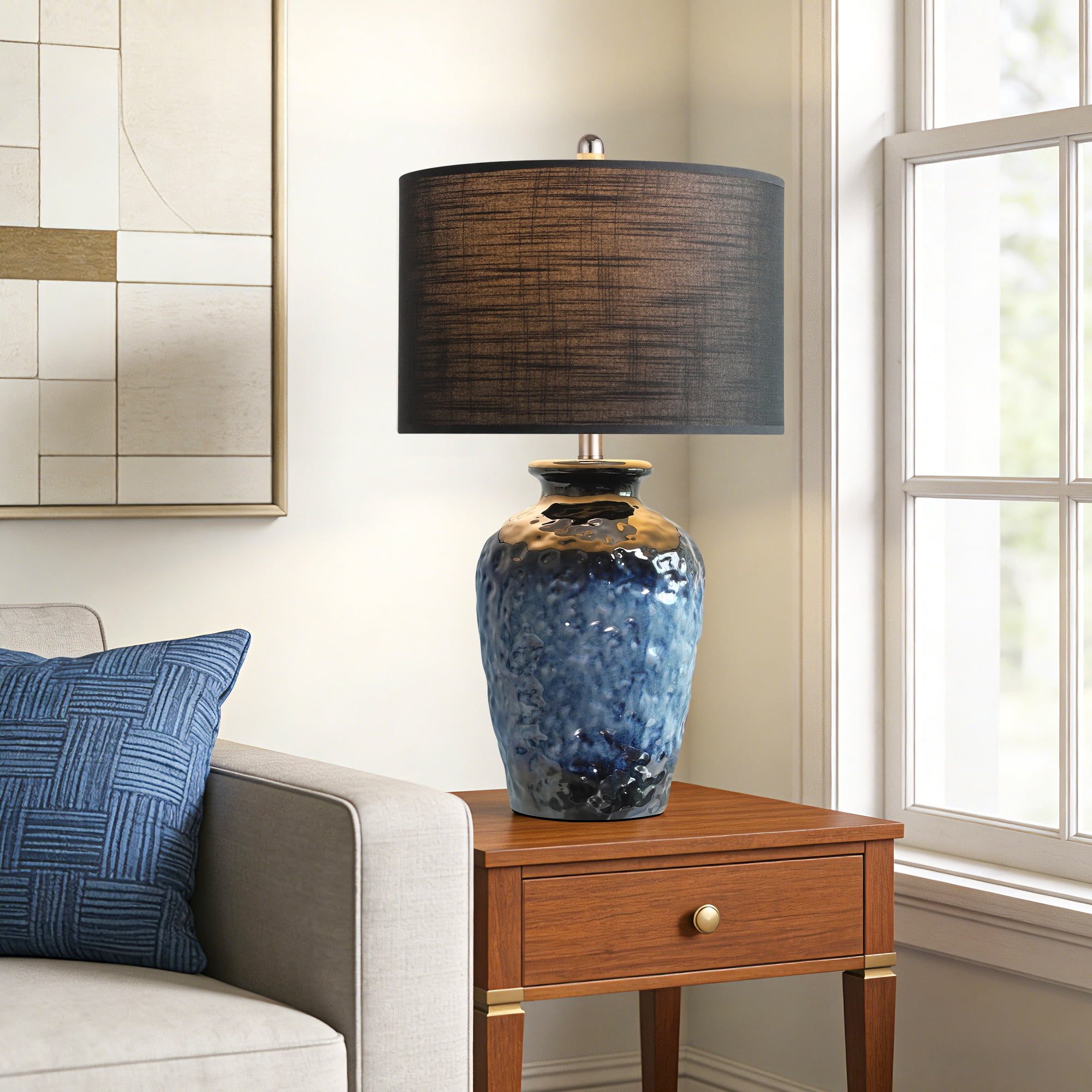26in Farmhouse Ceramic Table Lamp, Rustic Navy Blue Bedside Lamp with Black Linen Shade for Bedroom Living Room Office Nightstand