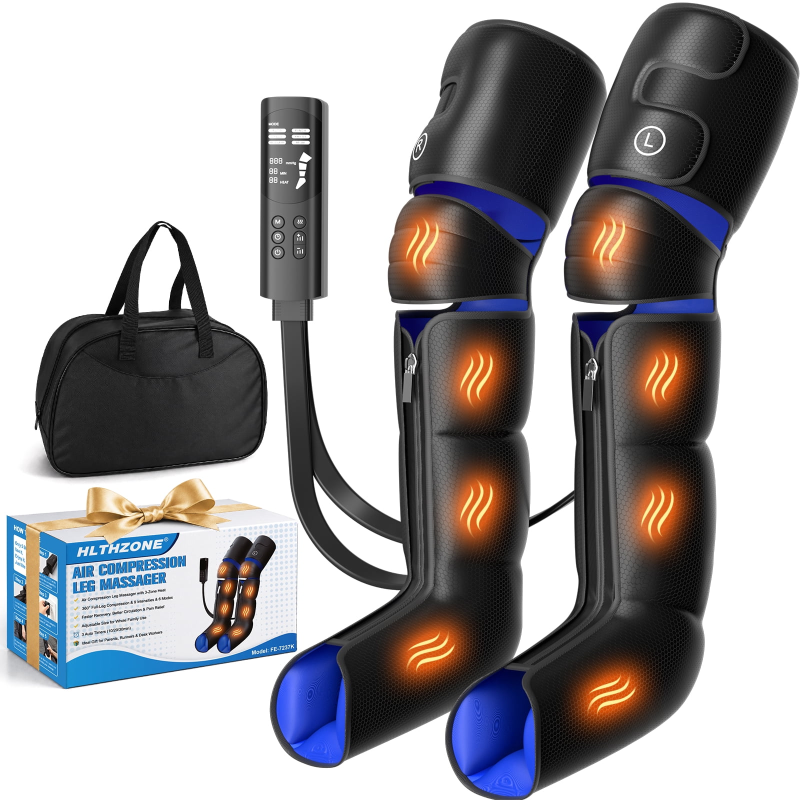 HLTHZONE Leg Compression Massager with Heat for Circulation and Pain Relief | Sequential Full Leg Air Compression Boots, 6 Mode, 9 Intensity, 3 Heat, Plug-in Use, Mom, Dad, Athletes, Gym