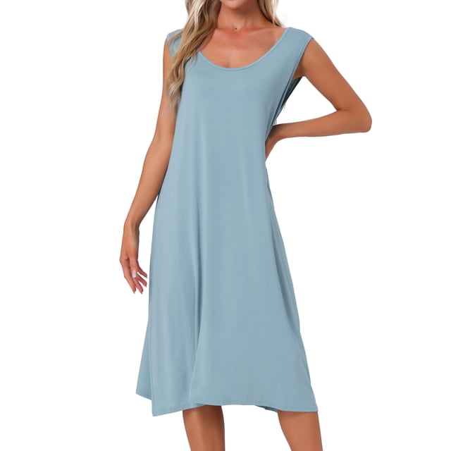 Camisón de algodón para mujer sin mangas, vestido largo de tanque, chemise de escote redondo, pijamas de salón, camiseta de noche S azul claro