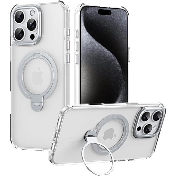 Magnetic Ring Case Compatible with iPhone 15 Pro Max, 360° Rotatable Case Compatible with MagSafe Invisible Stand Translucent Matte Shockproof Cover