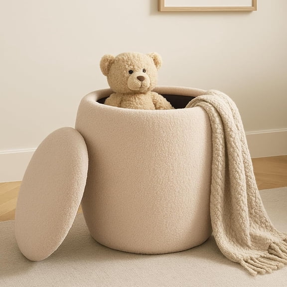 Boucle Ottoman with Hidden Storage - Small Round Upholstered Khaki Pouf Foot Stool with Removable Lid, Modern Boho Ottoman for Bedroom, Dorm, Living Room Decor, 16" L x 19" H