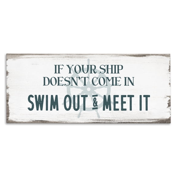 Stupell Industries Farmhouse Ship Swim Out Meet It Sign Nautical Wheel Canvas Art, 24 x 10, by Lil' Rue