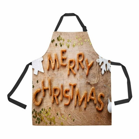 

PKQWTM Gingerbread Words Merry Christmas Old Wooden Table Unisex Adjustable Bib Apron with Pockets for Commercial Restaurant and Home Kitchen Use