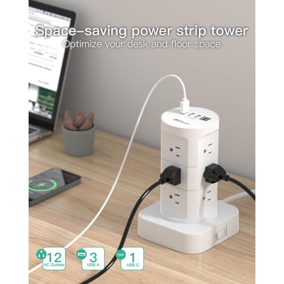 PYYAN-Tower Surge Protector Power Strip with 12 Outlets 4 USB (1 USB C), Extension Cord with Multiple Outlets, 1800J Protection, Office Desk Supplies, Dorm Essentials