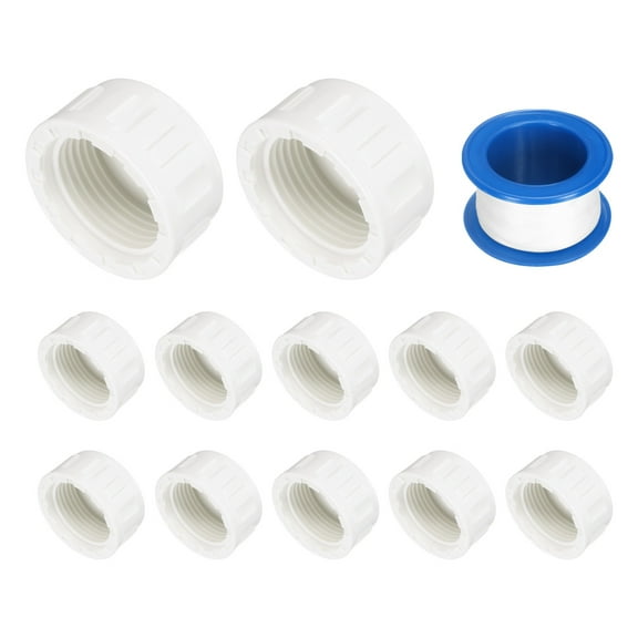 12Pack 1 Inch PT Female Thread Pipe Fitting Cap, Cleanout Water Drain End Caps, Pipe Plug Socket Fittings with Tape for Water Heater Supply Lines, Plumbing, White
