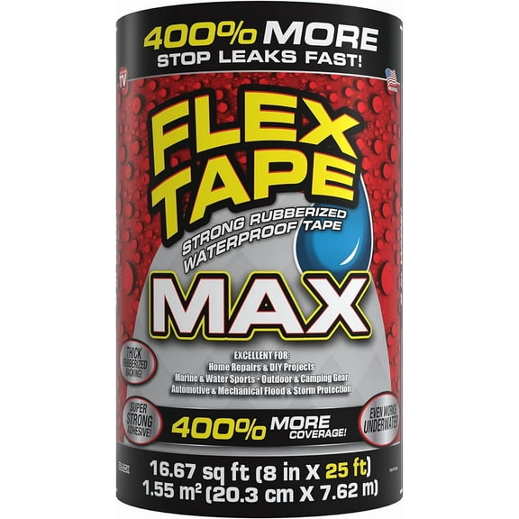 Flex Tape, MAX, Original Thick Flexible Rubberized Waterproof Tape - Seal and Patch Leaks, Works Underwater, Indoor Outdoor - Home RV Roof and Pool Repairs, Black, 8 in x 25 ft, Pack of 1