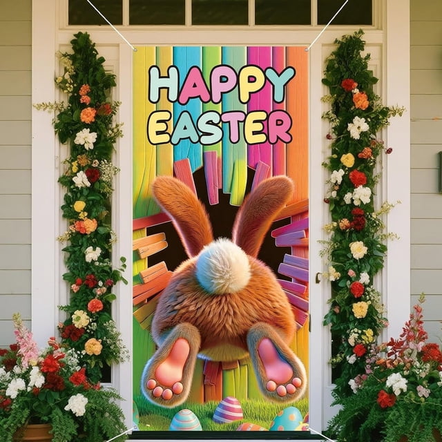 Corona de conejito de Pascua de primavera, colorida cubierta de puerta de conejo, decoración colgante, pancarta rústica de bienvenida, fondo de decoración de puerta de Pascua, fotografía de huevos de