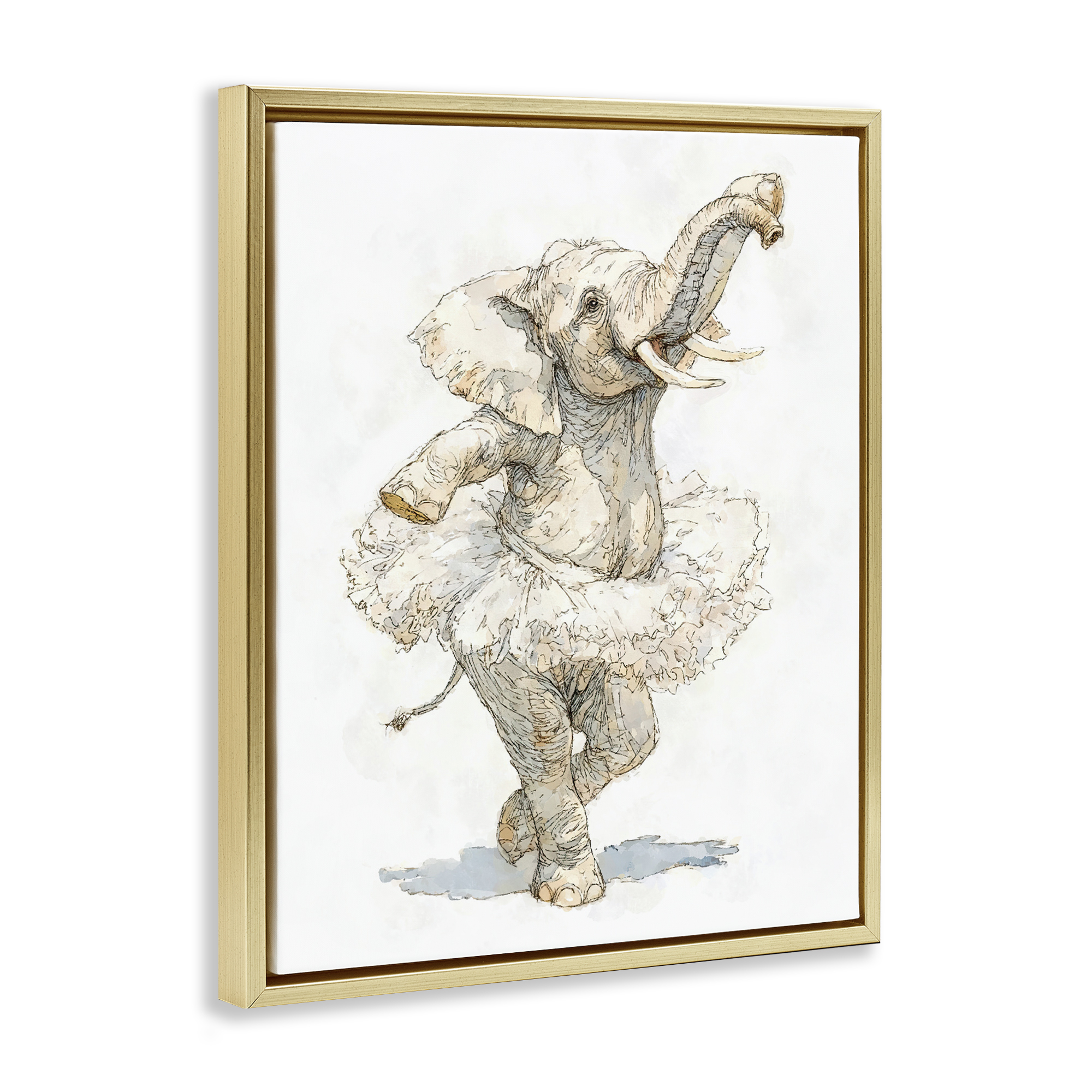 Ballet Elephant Tutu Gold Framed Floater Canvas Wall Art, design by Ziwei Li
