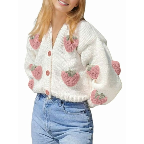 Women'S Kawaii Strawberry Embroidered Cardigan Long Sleeve V Neck Chunky Knitted Tops Pink Strawberries M