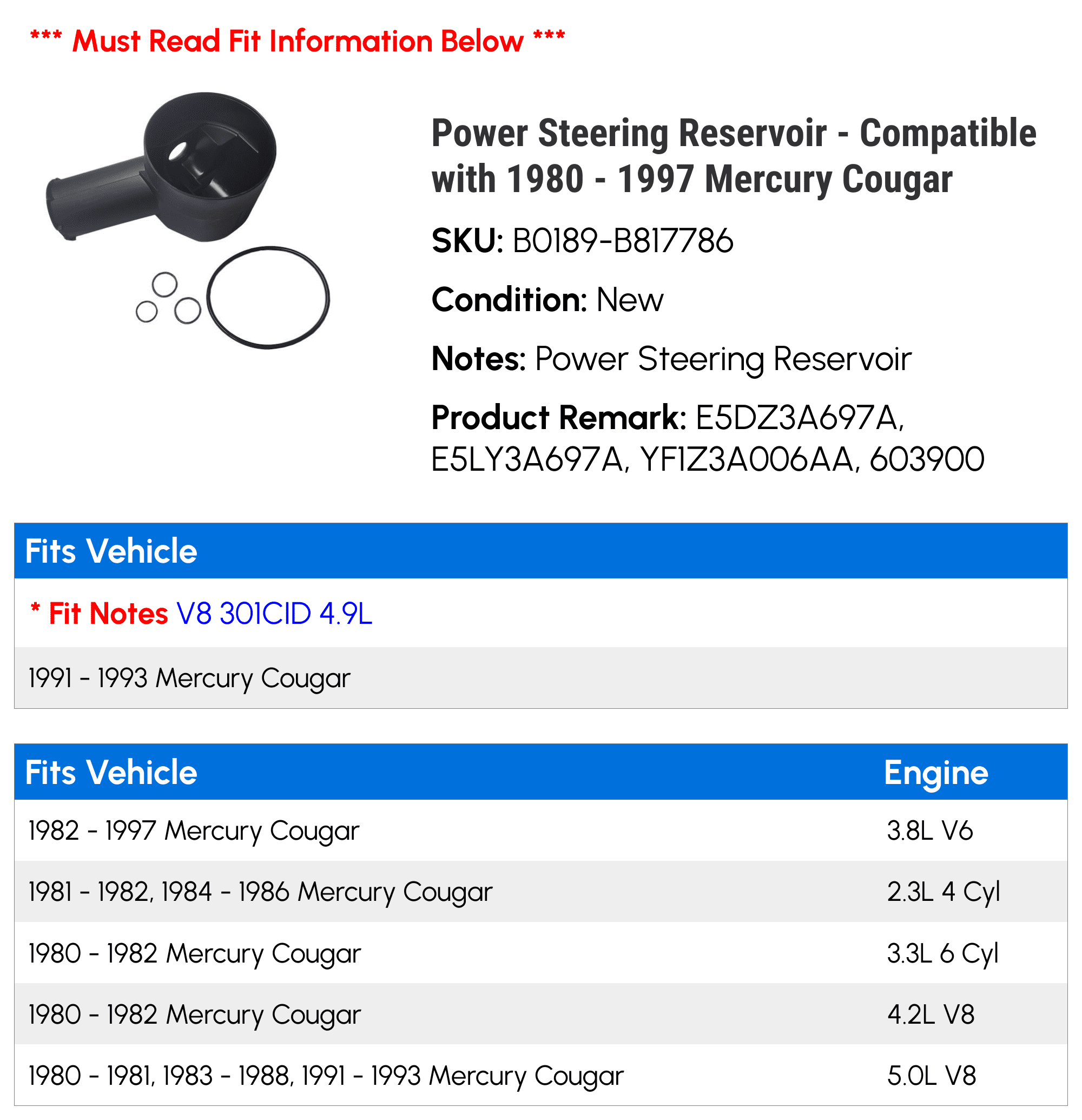 Power Steering Reservoir - Compatible with 1980 - 1997 Mercury Cougar 1981 1982 1983 1984 1985 1986 1987 1988 1989 1990 1991 1992 1993 1994 1995 1996