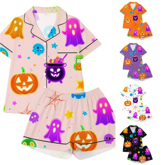 Gunia Toddler Girls' Halloween Pajama Sets 2 Piece Button Up Short Sleeve Tops With Shorts Nightwear Pjs Loungewear Pink 4-5 Years