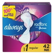 Always Radiant Feminine Pads with Wings, Size 1, Regular Absorbency, Scented, 42 CT