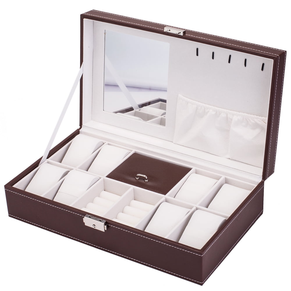 Lowestbest 8 Slots Jewelry Watch Box, Organizer Storage Case with Lock and Mirror for Men Women, Brown Lowestbest 8 Slots Jewelry Watch Box, Organizer Storage Case with Lock and Mirror for Men Women, Brown