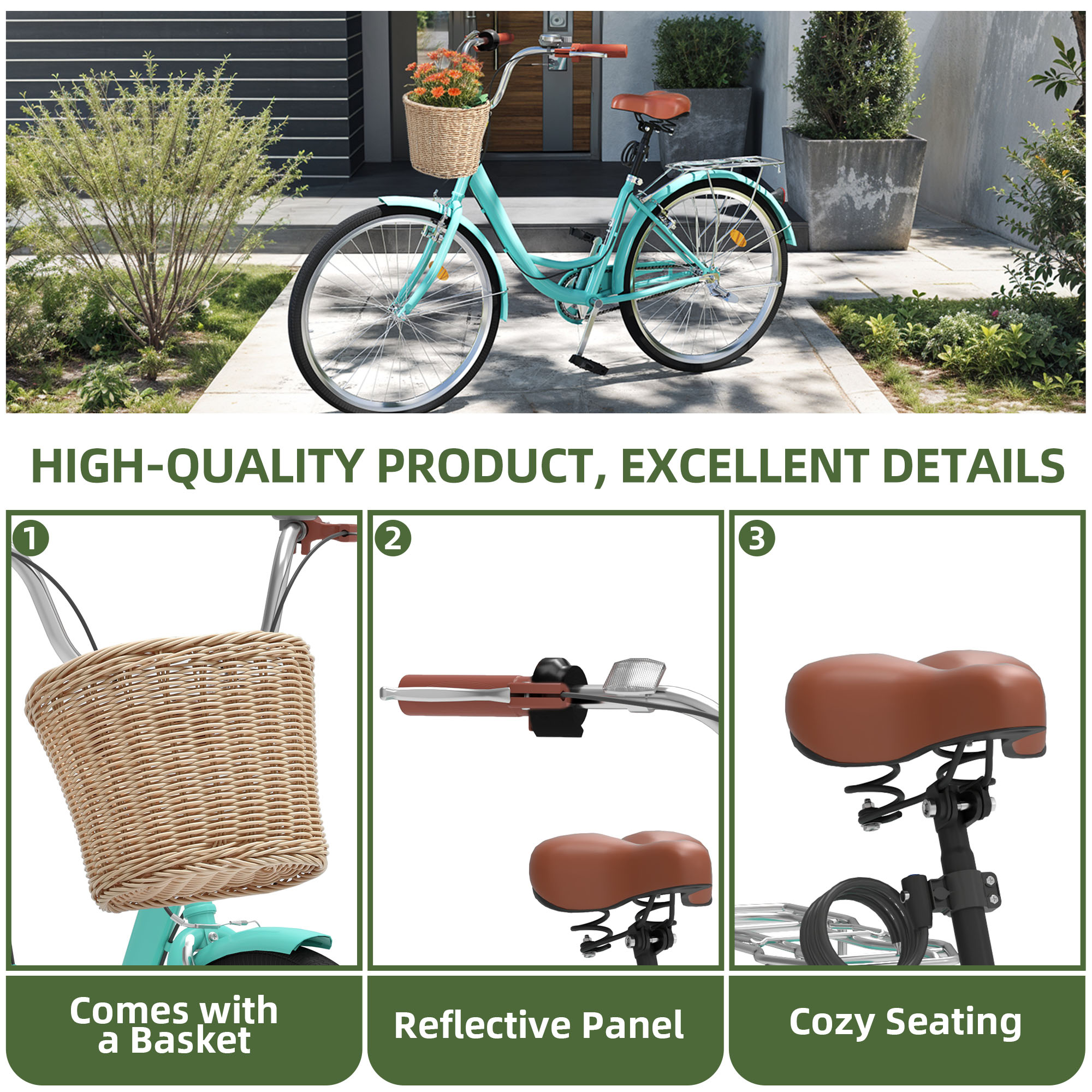 Uforic 24" Beach Cruiser Bike for Women, 7-Speed Adjustable Seat Bike Bicycle for Adult City Commuter, Mint Green
